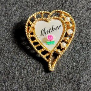 Gold Tone Mother Brooch With Small Flower and Faux Pearls